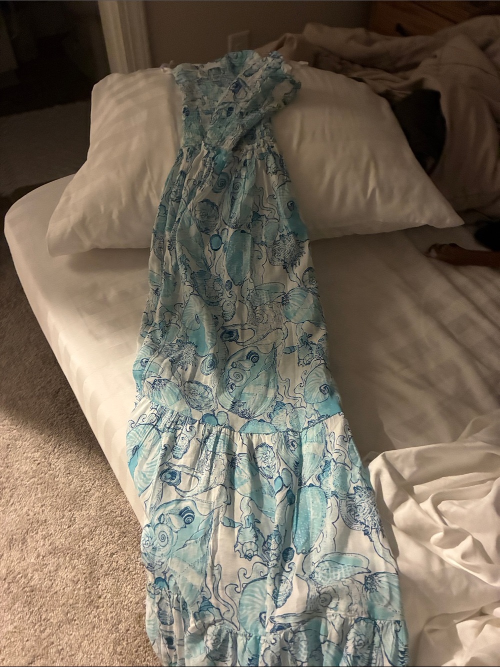 Lilly Pulitzer Aqua and White Shell-Print Maxi Dress